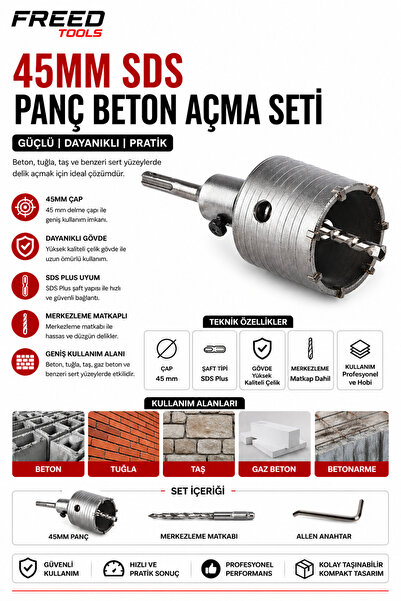 FREED TOOLS 45 mm SDS Plus Panç Beton Açma Seti Duvar Delme Karot Ucu Tuğla T...