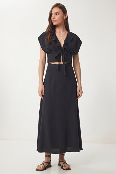 Lovelyİstanbul Σετ Φούστας-Μπλούζας Modal με Λεπτομέρεια Δεσίματος LGX0008 ΜΑΥΡΟ