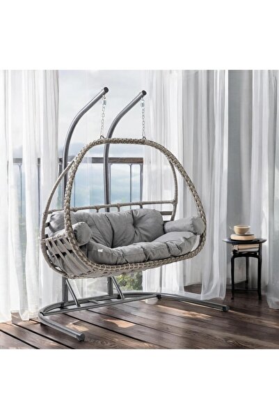 ReHome Malta Çiftli Rattan Bahçe Salıncağı | Gri