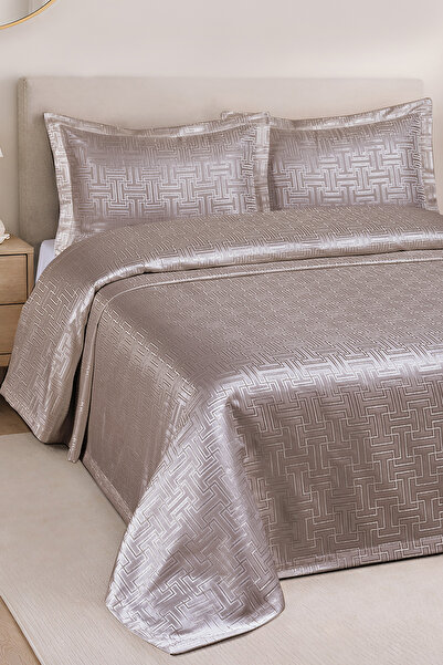 BİRHOME Hermira Jakarlı Çift Kişilik Modern Yatak Örtüsü Takımı 3 Parça 240x250cm (kahverengi)