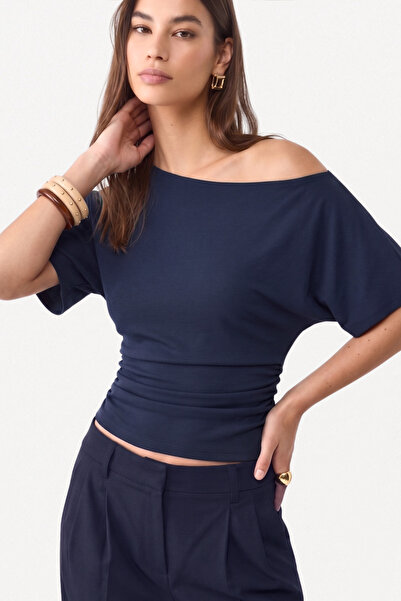 VODENS Μπλούζα με μανίκια νυχτερίδα από 97% βαμβάκι, σε ναυτικό μπλε χρώμα, μ...