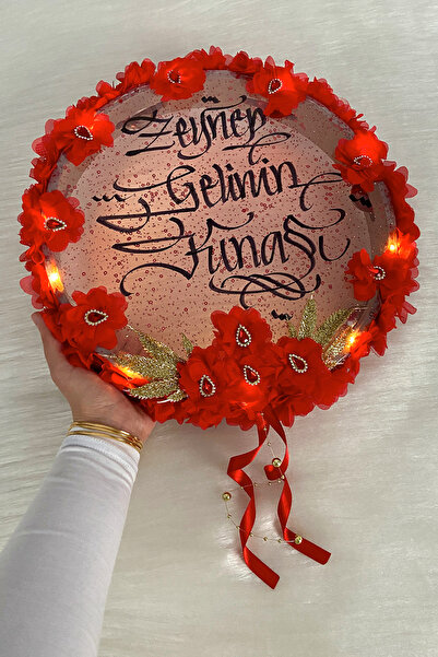 ZEYMERADE Kırmızı Ledli Gelin Tefi 32cm, Üç Boyutlu Çiçek Ve Parlak Taş Süsle...