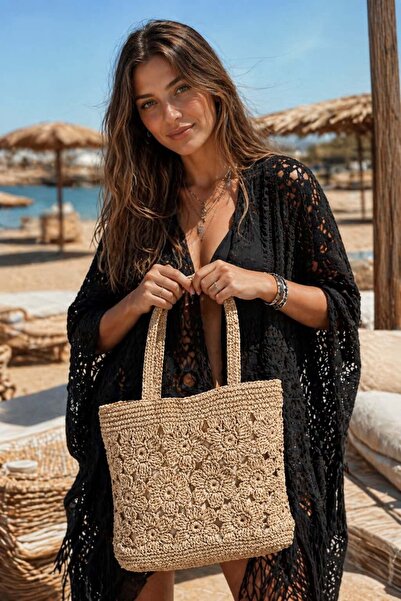 BALIENTE Γυναικεία τσάντα από ψάθα, πλεκτή στο χέρι, με λουράκι – 45x35 εκ.