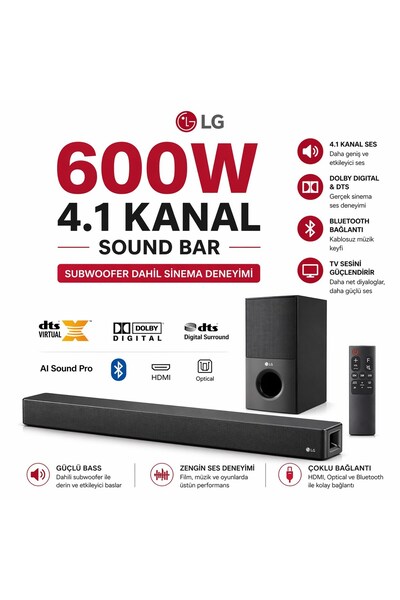 LG 600 W Zengin Bas Performanslı 4.1 Kanal Soundbar Harici Güçlü Subwoofer İç...