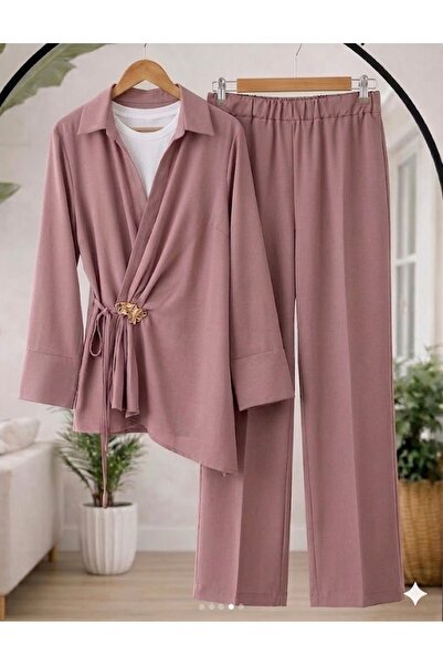 onlymoon Ροζ λινό σετ με λεπτομέρεια καρφίτσας σε εμφάνιση λινής υφής • Πλισέ...