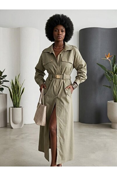 LOKADI Γυναικείο φόρεμα πουκάμισο με ζώνη χακί, στυλ σαφάρι, από γκαμπαρντίν,...