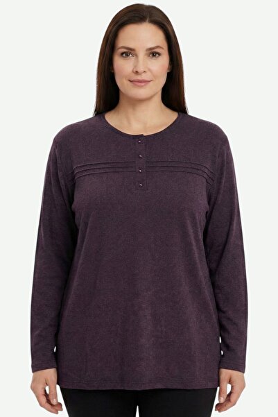 hadiora Women's Purple Ribbed Detailed Buttoned Combed Cotton Blouse