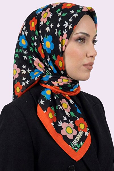 hadiora Women's Black Orange Floral Patterned Organic Cotton Soft Scarf