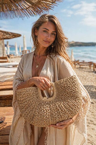 BALIENTE Γυναικεία τσάντα από ψάθα, πλεκτή στο χέρι, σε χρώμα καμήλας – 45x20...