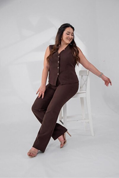 Roxxlen 112035 Γυναικείο Σετ Γιλέκο με Λεπτομέρεια Κουμπιών Σαξ σε Μεγάλο Μέγ...