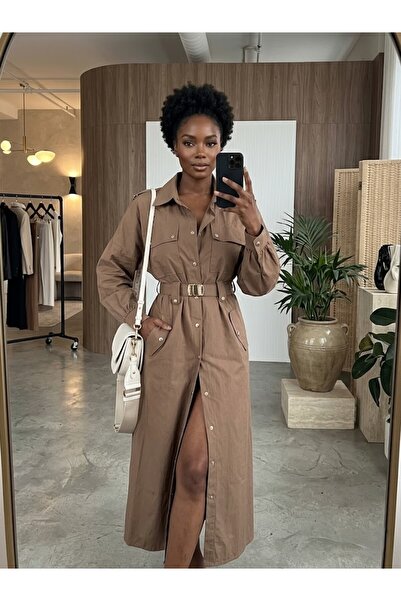 LOKADI Γυναικείο φόρεμα πουκάμισο με ζώνη χακί, στυλ σαφάρι, από γκαμπαρντίν,...