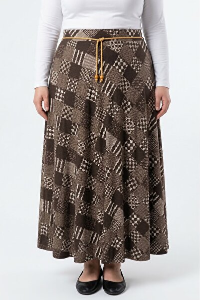 hadiora Women's Brown Plaid Patterned Combed Cotton Skirt with Straw Belt