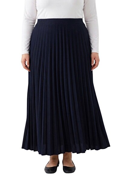 hadiora Women's Navy Blue High Waist Pleated Long Skirt