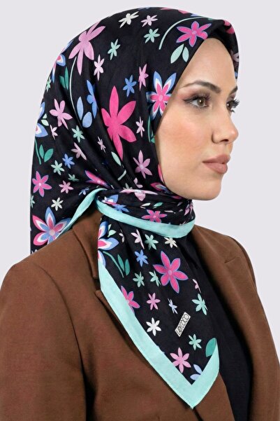 hadiora وشاح نسائي ناعم من القطن العضوي بنقشة الزهور باللونين الأسود والأخضر