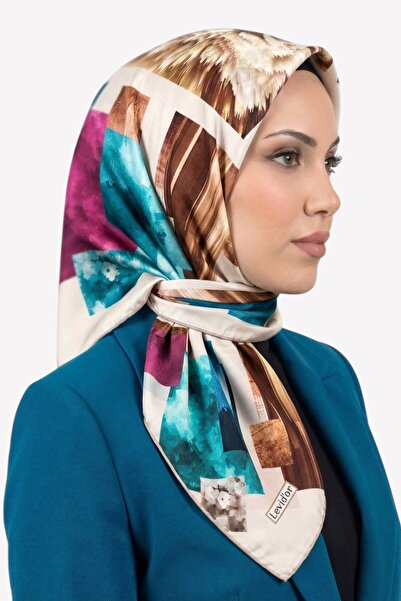 hadiora Women's Ecru Blue Abstract Patterned Crystal Scarf