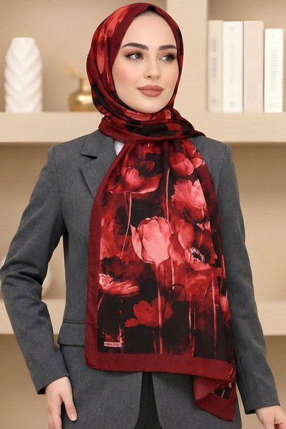 hadiora Women's Red Floral Patterned Bamboo Crush Shawl