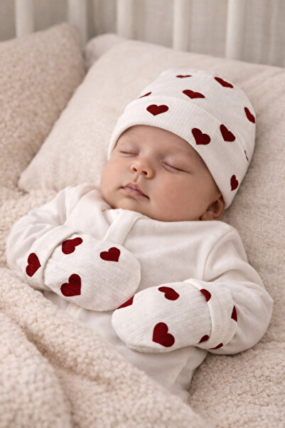 Minimissbaby Heart Patterned Baby Hat and Glove Set Newborn Cotton