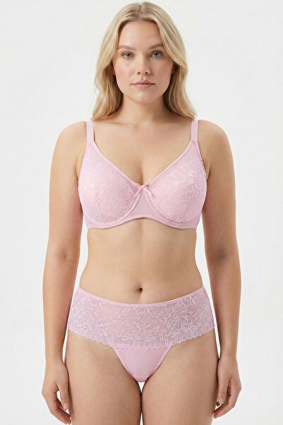 hadiora Women's Baby Pink Lace Unpadded Bra Set