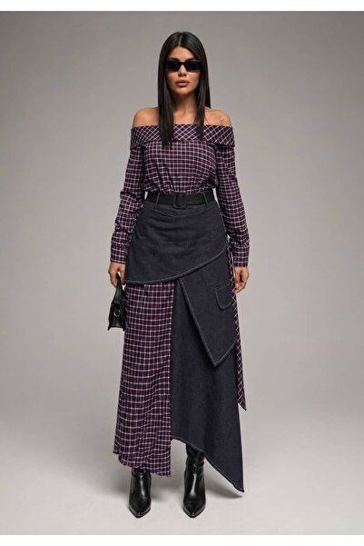 MODA Asimetrik Bordo Ekose Detaylı Elbise