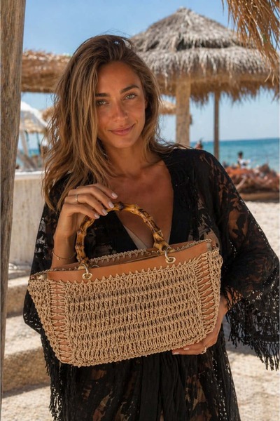 BALIENTE Γυναικεία τσάντα από ψάθα, πλεκτή στο χέρι, με ξύλινη λαβή – 30x20 εκ.