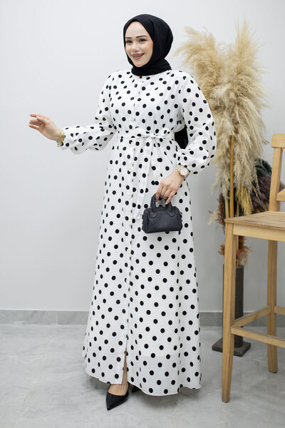 Tesettür Dünyası Φόρεμα με κουμπιά και πουά TSD260205 Λευκό