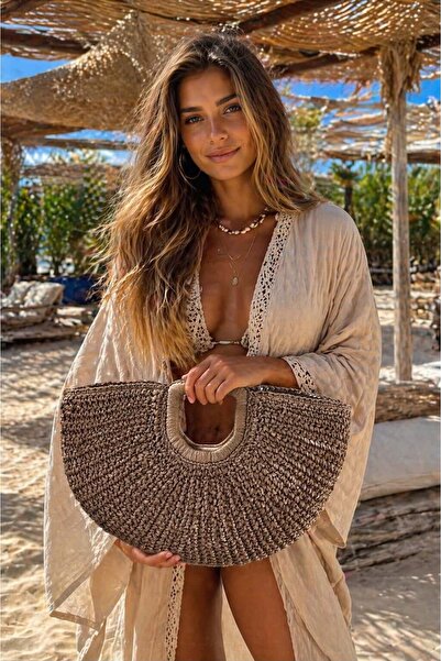 BALIENTE Καφέ Χειροποίητη Πλεκτή Ψάθινη Γυναικεία Τσάντα – 45x20 εκ.