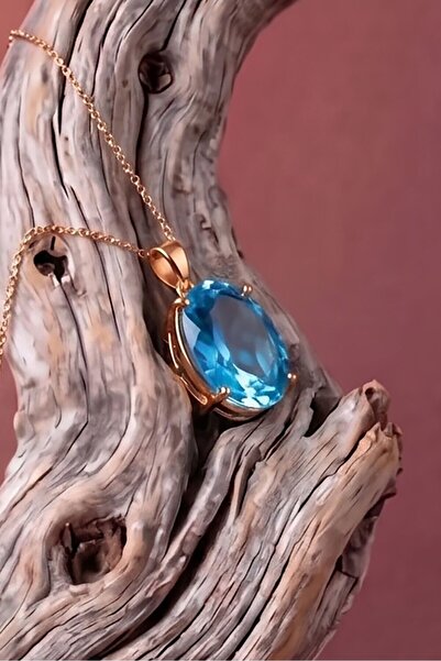 Takıdepo Tek Taş Model Mavi Topaz Renk Zirkon Taşlı Gümüş Kadın Kolye-Rose Rengi