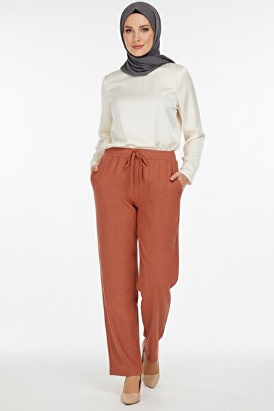 hadiora بنطلون أطلس نسائي برتقالي اللون بخصر مطاطي وأربطة وأرجل واسعة