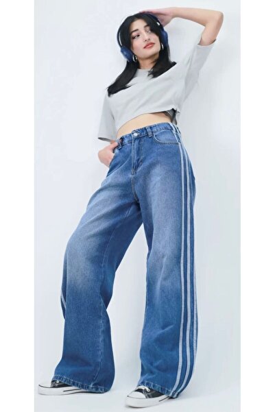 DAĞON'S Γυναικείο τζιν παντελόνι με λωρίδες, πλενόμενο, φαρδύ