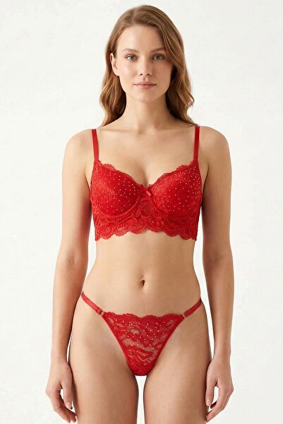 hadiora Women's Red Stone Embroidered Lace Unpadded Bralette Set