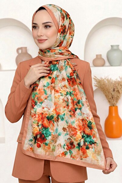 hadiora Women's Orange Floral Patterned Organic Cotton Soft Shawl