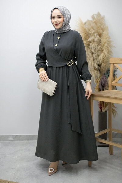 Tesettür Dünyası Φόρεμα με λεπτομέρεια αγκράφας στο πλάι TSD260203 Καπνιστό