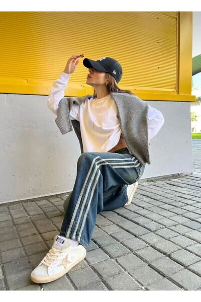 DAĞON'S Γυναικείο τζιν παντελόνι με λωρίδες, πλενόμενο, φαρδύ