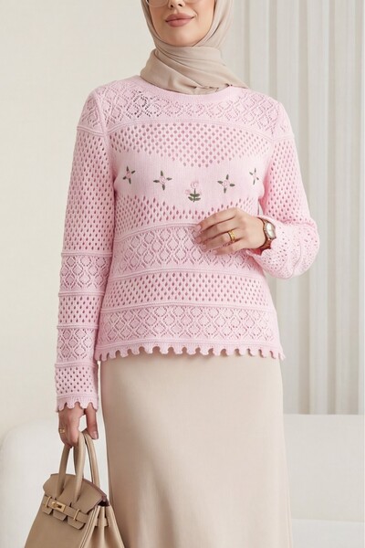 HİJABAYA Πλεκτό πουλόβερ με κεντητό διάτρητο σχέδιο λουλουδιών