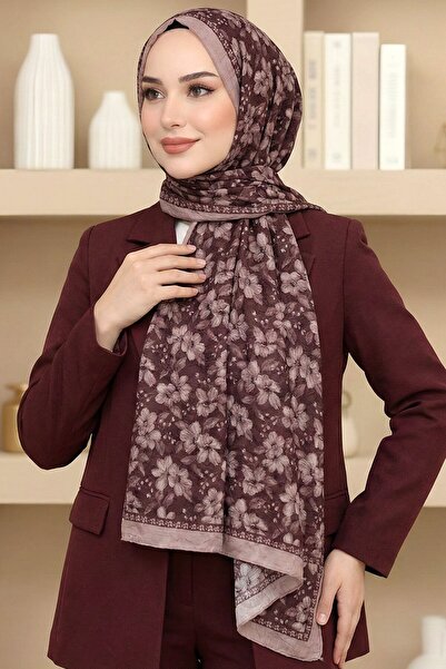 hadiora Women's Burgundy Floral Patterned Bamboo Crush Shawl
