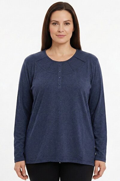 hadiora Women's Navy Blue Collar Detailed Buttoned Combed Cotton Blouse