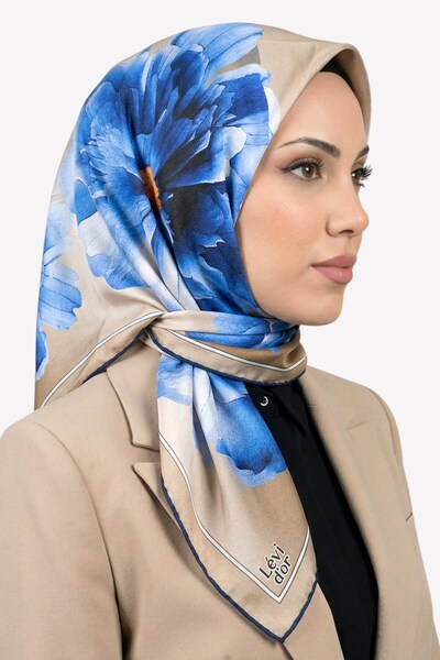 hadiora Women's Blue Beige Floral Patterned Crystal Scarf