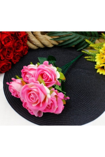 marimari Τεχνητό Βελούδινο Τριαντάφυλλο 7 Κλαδιών Ροζ Πολυτελείας 1ης Ποιότητ...