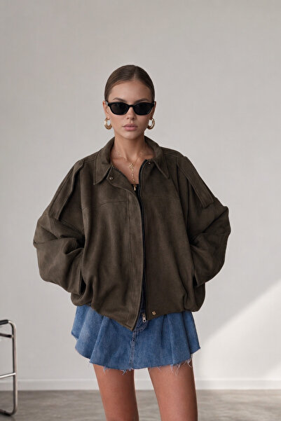 Jaglion Νέα Σεζόν Γυναικείο Σουέντ Μπουφάν με Λεπτομέρεια Επωμίδων