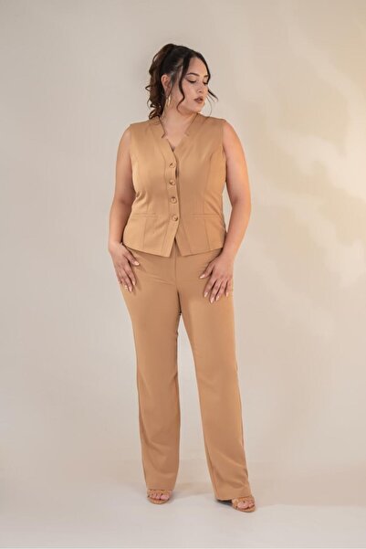 Roxxlen 112035 Γυναικείο Σετ Γιλέκο με Λεπτομέρεια Κουμπιών Σαξ σε Μεγάλο Μέγ...