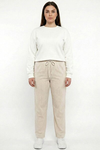 hadiora Women's Cream Waterway Striped Elastic Waist Pants