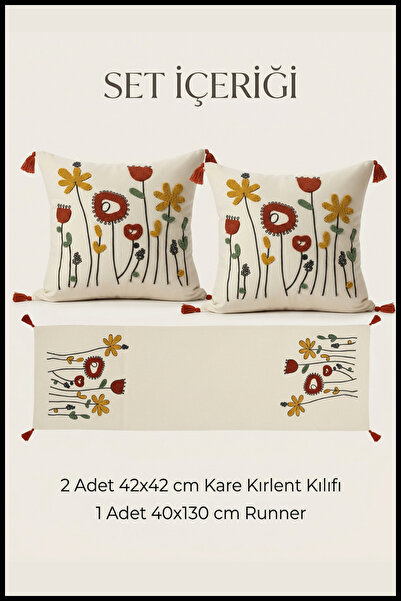 morlina home Boho Dekoratif Punch Nakışlı Çiçek Desenli Kırlent Runner Seti 2...