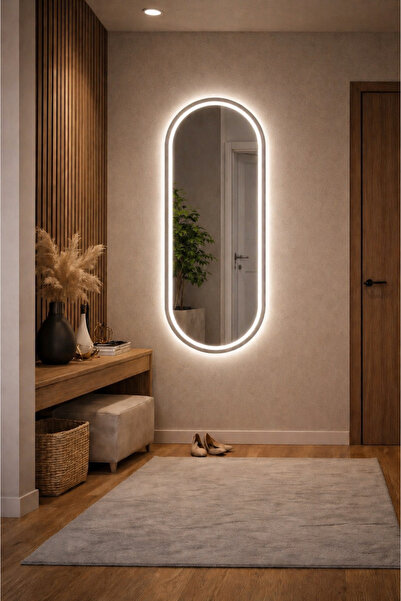 nysamo 130x45 Oval Kumlamalı Ledli Boy Aynası – Beyaz Işık, Dokunmatik Sensör...