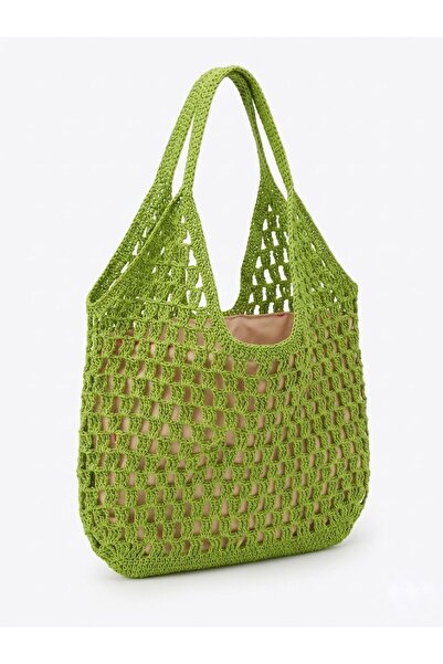Enie Γυναικεία πράσινη ψάθινη πλεκτή χειροποίητη τσάντα παραλίας και ώμου-με ...