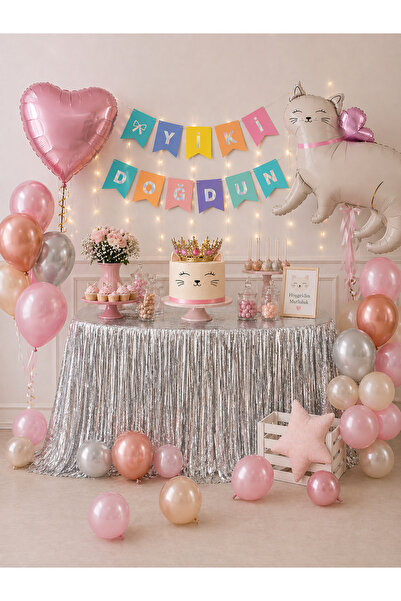 Bulout Sevimli Kedi Temalı Doğum Günü Parti Seti–Pembe&Silver Balonlu Konsept...