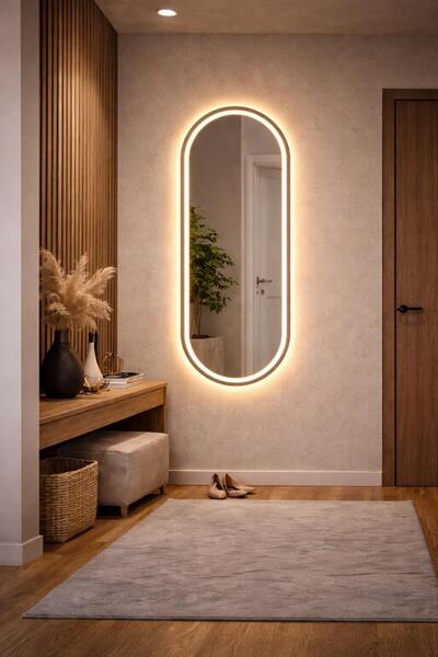 nysamo 130x45 Oval Kumlamalı Ledli Boy Aynası – Gün Işık, Dokunmatik Sensörlü...