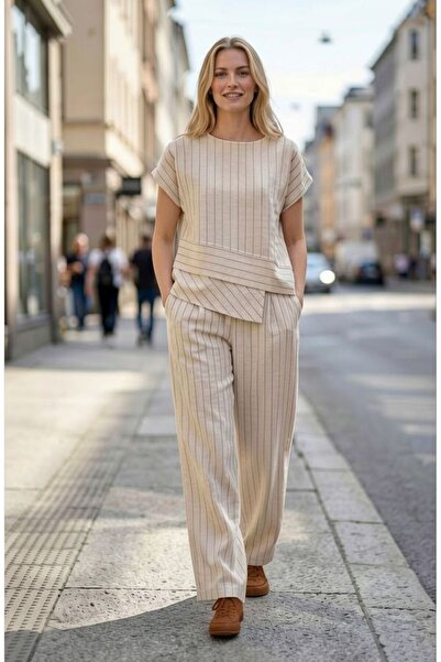 AYASOFYA OTANTIK Γυναικεία Ριγέ Μπλούζα και Παντελόνι, Σετ 2 τεμαχίων από Λινό