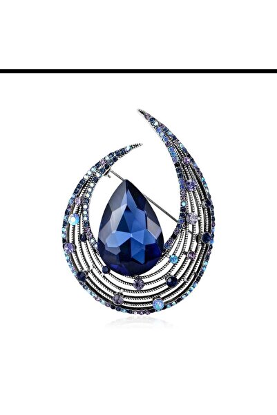 ESJ Kristal Zirkon Mavi Taş Dügün Takısı Hilal Kadın Broş 6,3*4,7 cm