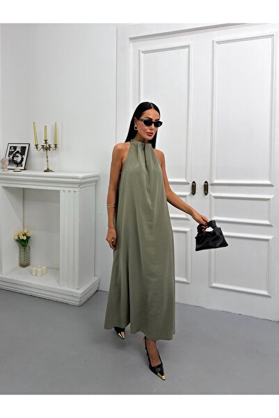 VESS MODA Φόρεμα Modal με λαιμόκοψη Halter και λεπτομέρεια αλυσίδας