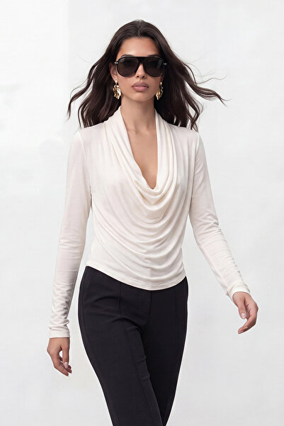 Nazline Women's U-Neck Gathered Brown Sandy Blouse